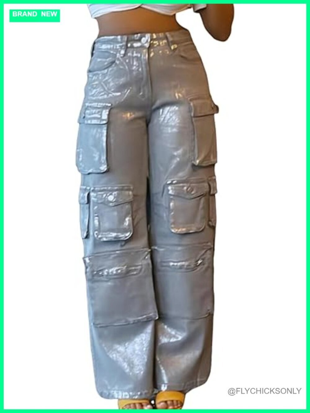 Women High Waisted Metallic Cargo Jeans Satin Sparkly Wide Leg Pants with Flap